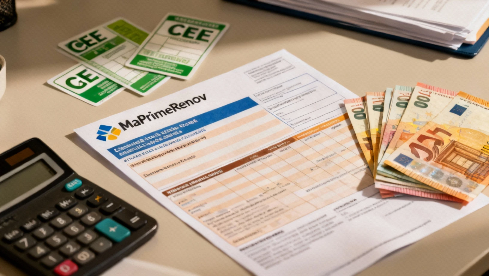 Documents administratifs aides financières avec calculatrice et billets euros