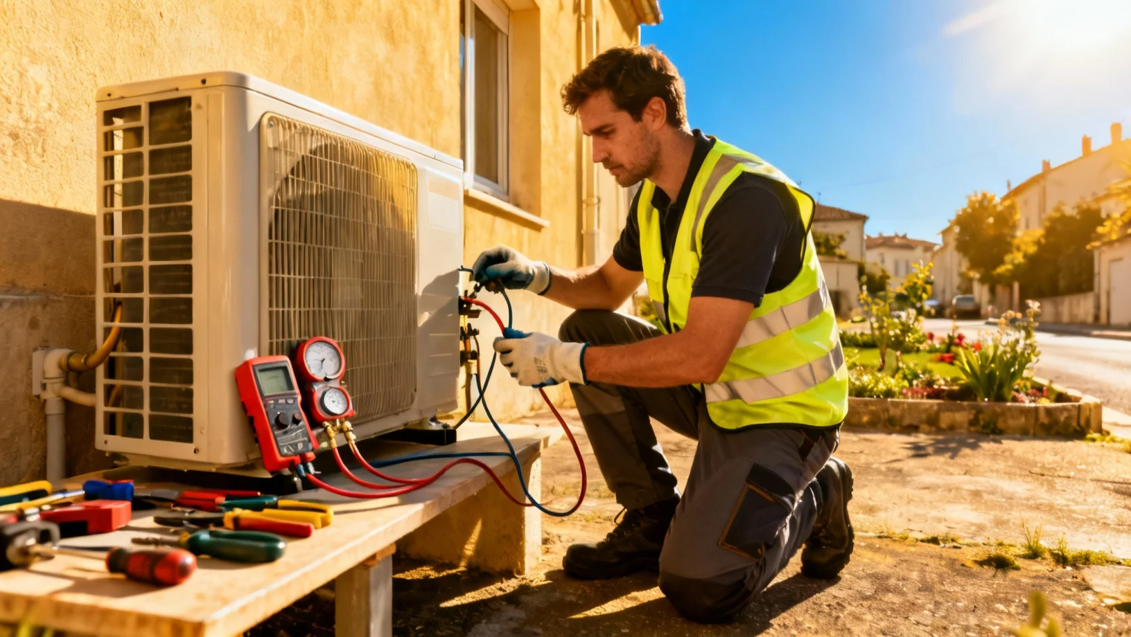 Technicien dépannant une unité extérieure de climatisation avec outils de diagnostic