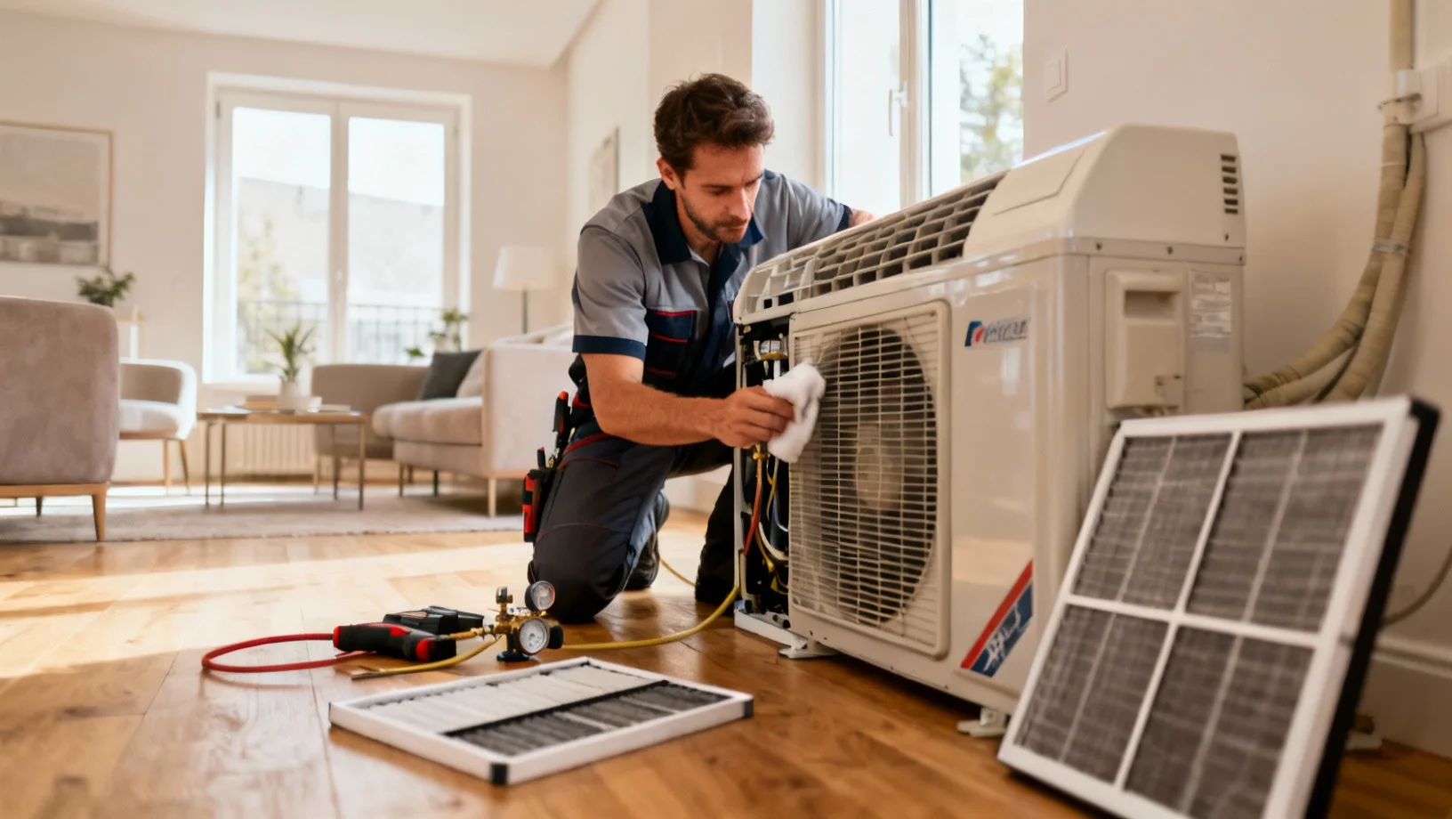 Technicien effectuant l'entretien annuel d'une climatisation avec nettoyage des filtres et contrôle du fluide
