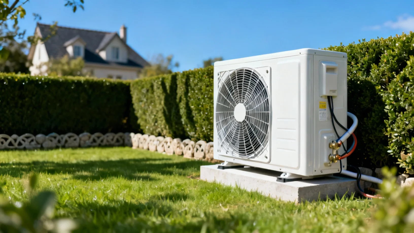 Installation d'une pompe à chaleur air-air réversible avec unité extérieure dans un jardin français