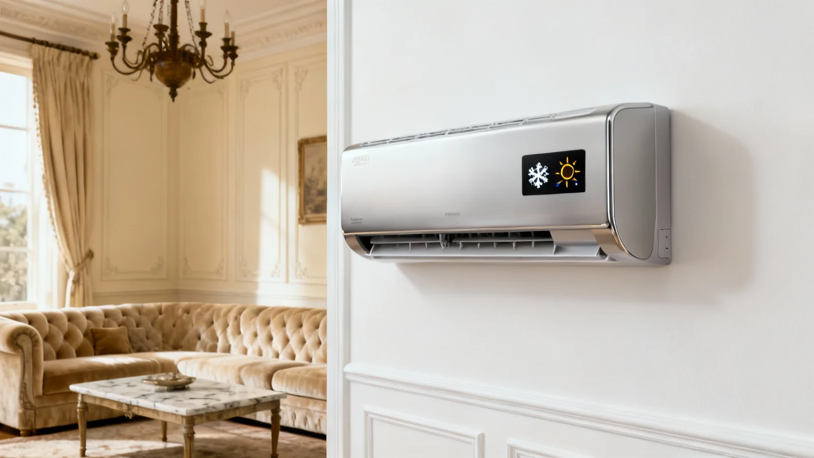 Climatisation réversible murale moderne diffusant air frais en été et air chaud en hiver